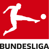 Bundesliga logo featuring a white silhouette of a soccer player kicking a ball on a red background.