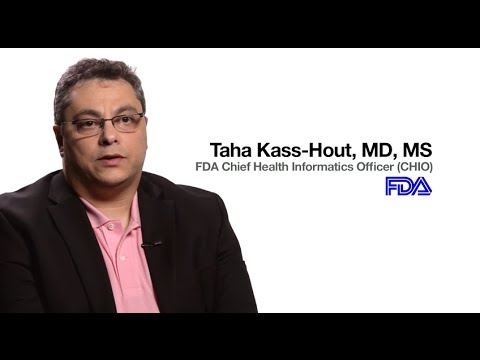 Taha Kass-Hout, MD, MS, FDA Chief Health Informatics Officer, is featured in an interview or presentation, with the FDA logo shown on the right.