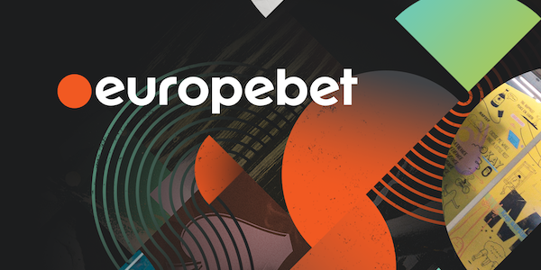 A graphic design featuring the Europebet logo with abstract colorful geometric shapes on a dark background.
