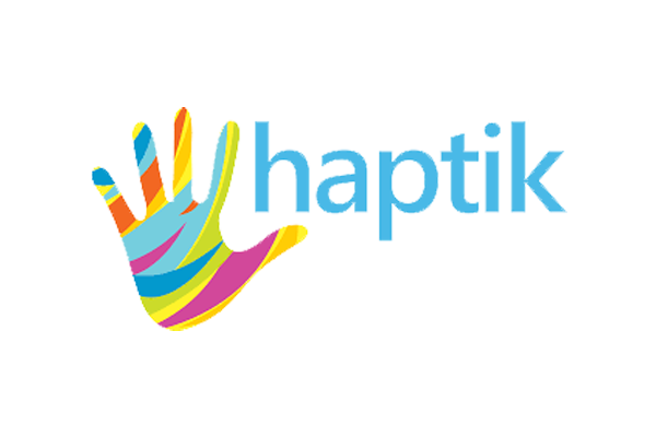 Haptik logo featuring a colorful stylized hand and the company name in blue text.