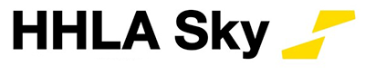 Logo for HHLA Sky, featuring the company name in bold black letters and a yellow geometric shape on a white background.