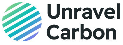 Logo for Unravel Carbon, featuring a gradient icon and company name in stylized text.