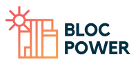 Logo for BlocPower, featuring a stylized building with a sun icon and the text 'BLOC POWER'.