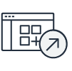 Icon depicting application deployment, used on the Modern Apps Assessment Tool AEM page 7. Shows a web page with an arrow pointing outward, representing deploying or launching apps.