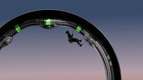 Person suspended inside a large, futuristic circular structure against a gradient sky.