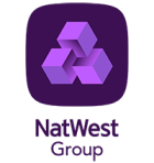 Logo of NatWest Group featuring three interlocking purple cubes above the text 'NatWest Group' on a dark purple background.
