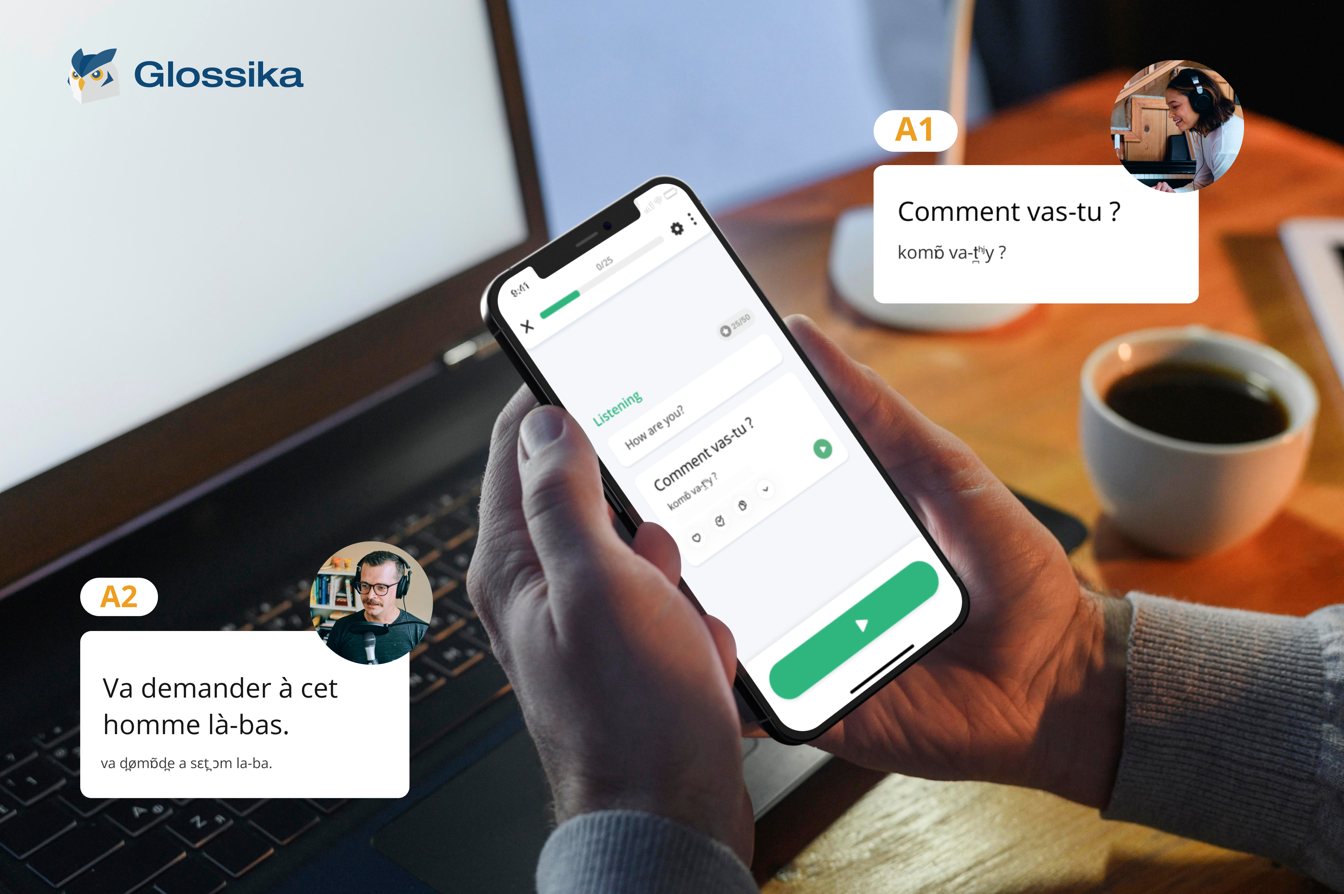 Person using the Glossika language learning app on a smartphone at home, with a laptop, coffee, and language lesson interface on screen. French language example phrases and virtual instructors are also shown.