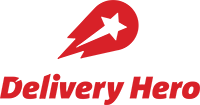 Red logo of Delivery Hero featuring a stylized red helmet above the company name.