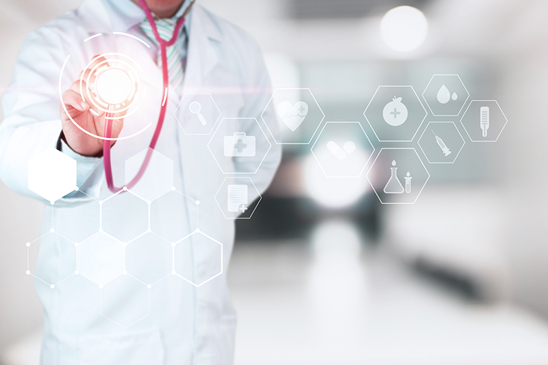 Healthy and medical technology concept, doctor holding stethoscope with icon  in lap room of hospital background 