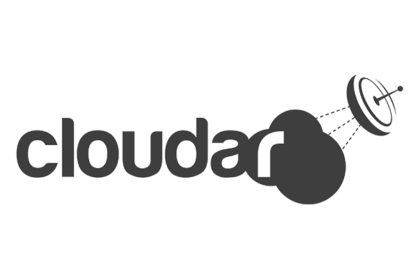 Cloudar logo in black and white, featuring the word 'cloudar' combined with a cloud shape and a satellite dish transmitting signals. Suitable for use in solution case studies or as a company branding asset.