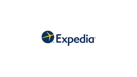 The Expedia logo featuring a yellow airplane inside a blue circle next to the word 'Expedia' on a white background.