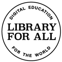 Logo for Library For All, featuring an open book graphic and text, representing the organization's brand identity.