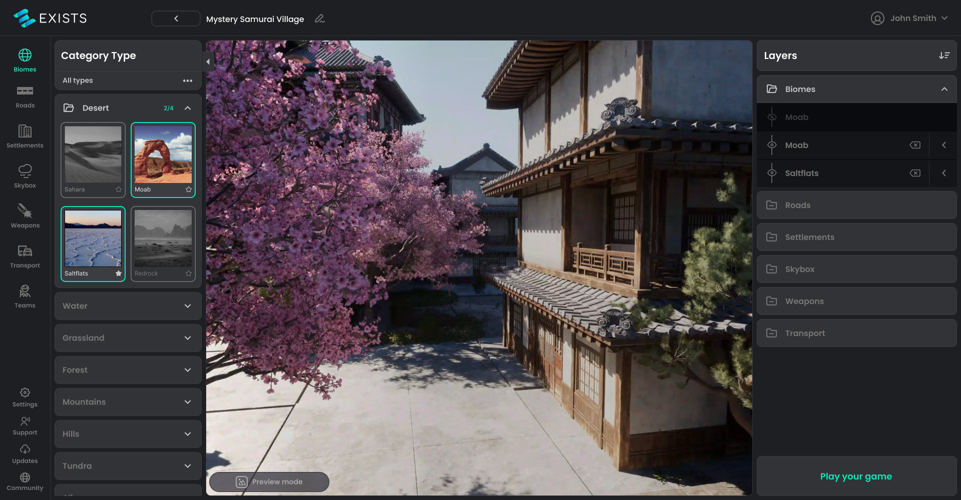 Screenshot of the EXISTS platform interface showing the editing of a 'Mystery Samurai Village' game scene. The interface displays various biome category options, a blossom tree, and traditional samurai village architecture in the preview window.