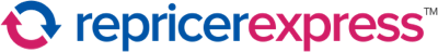 Logo for RepricerExpress, featuring the company name in a bold font with blue and pink colors, and a circular arrow icon to the left.