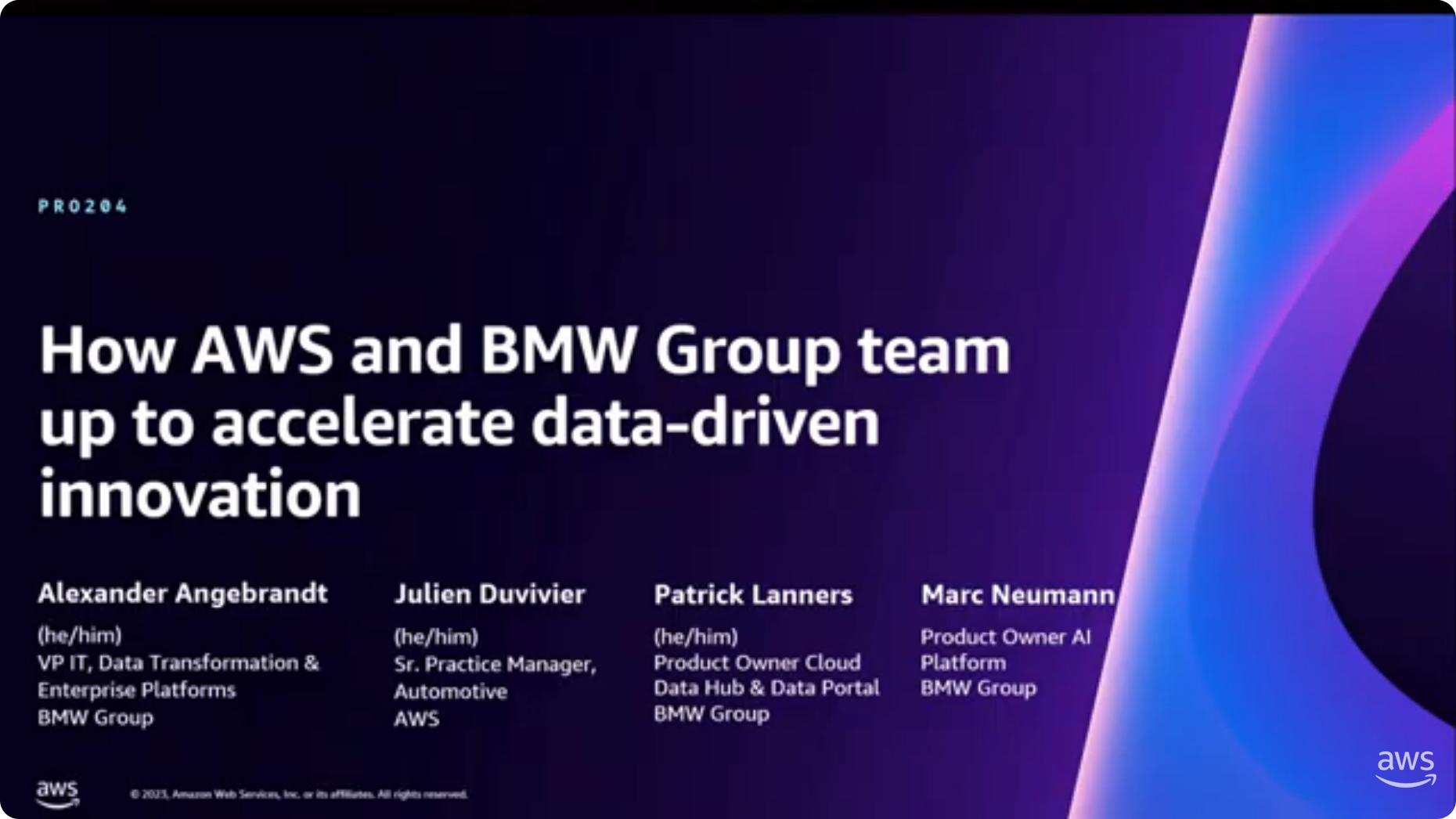 Screenshot of the AWS re:Invent 2023 session titled 'How AWS and BMW Group team up to accelerate data-driven innovation', featuring speakers from AWS and BMW Group including Alexander Angebrandt, Julien Duvivier, Patrick Lanners, and Marc Neumann.