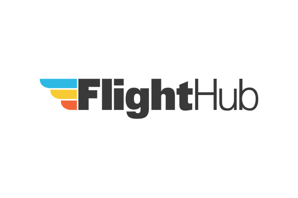 Logo for FlightHub featuring stylized wing shapes and the company name.