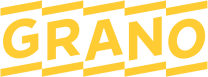 The logo of Grano in orange and white colors with stylized diagonal lines in the background.