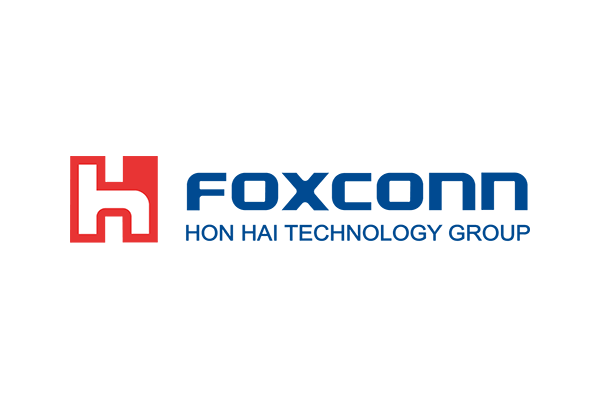 The logo of Foxconn, also known as Hon Hai Technology Group, featuring a stylized red and white 'h' icon and blue text.