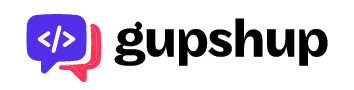 Gupshup logo with a purple chat bubble containing code brackets and the black word 'gupshup' next to it.