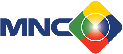 Logo of MNC featuring stylized blue text and a circular shape with yellow, green, red, and blue segments.
