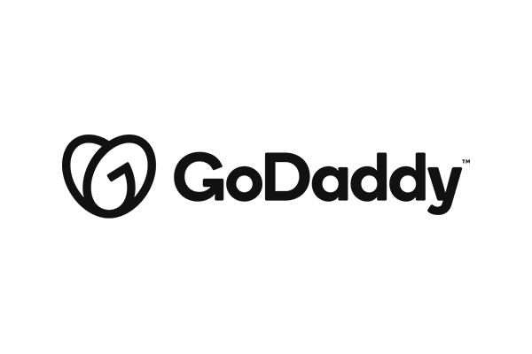 GoDaddy logo in black and white with stylized heart and 'G' emblem next to the GoDaddy text.