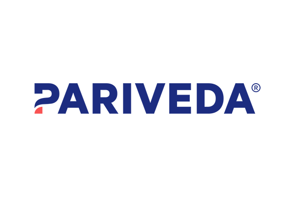 Pariveda logo in blue text with a small red accent on the left side, transparent background.