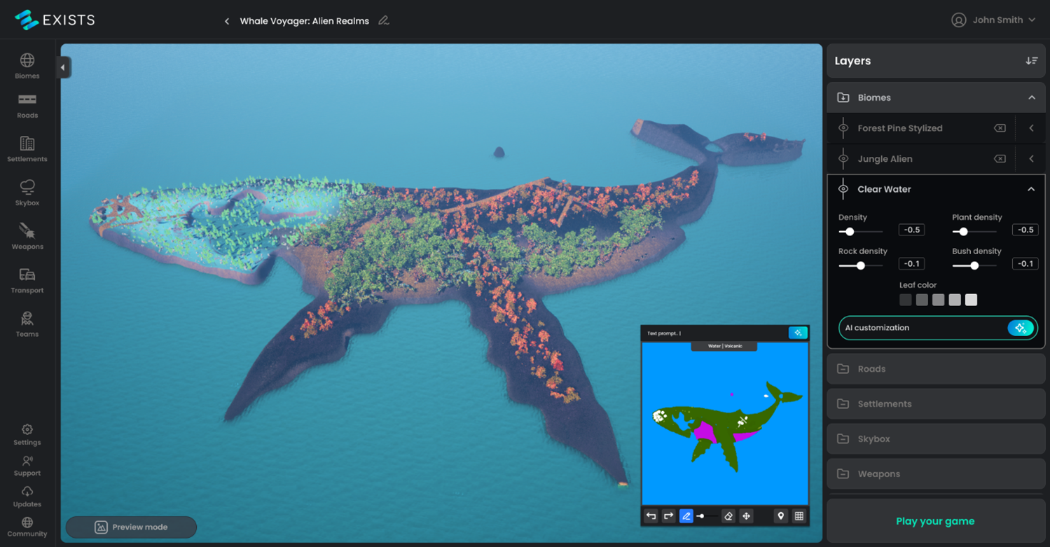 Screenshot of the EXISTS solution platform showing the Whale Voyager: Alien Realms game editor interface. The image displays a 3D island map in the shape of a whale, surrounded by water, with various vegetation and terrain features. The interface includes editing options for biomes, roads, settlements, and AI customization settings on the side panel.