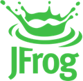 Green JFrog logo featuring a splash crown design above the text "JFrog."