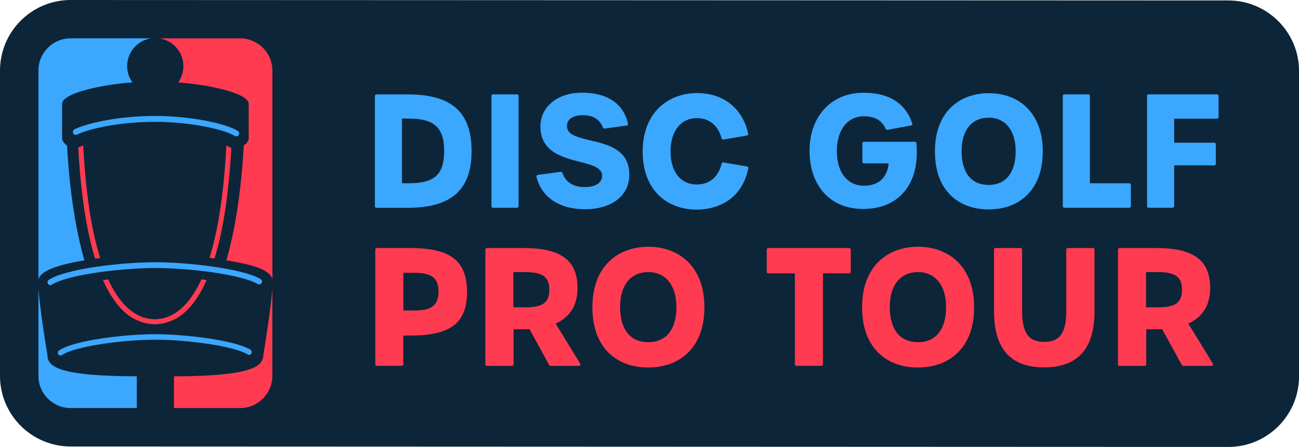Logo for the Disc Golf Pro Tour featuring a basket icon split into blue and red halves.