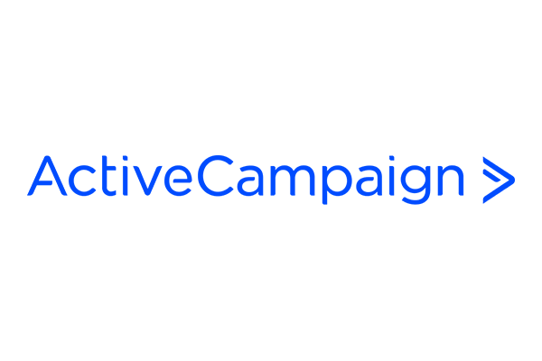 ActiveCampaign company logo with blue text and a right-facing arrow symbol.