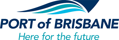 Logo of Port of Brisbane with blue wave design and the tagline "Here for the future."