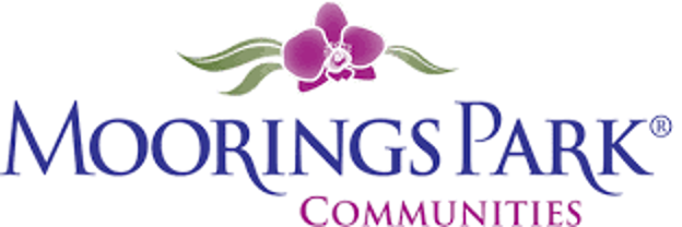 Logo for Moorings Park Communities featuring purple text and a purple orchid with green leaves above the wording.
