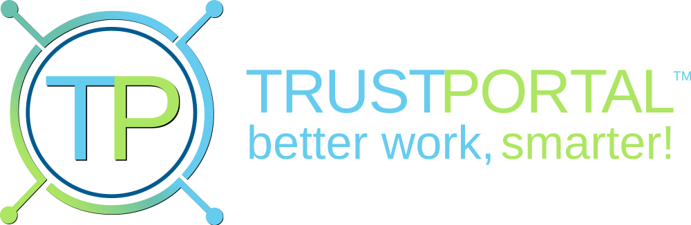 "TrustPortal logo with the tagline 'better work, smarter!' in blue and green text."