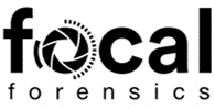Logo for Focal Forensics, featuring the word 'focal' with a camera shutter design inside the letter 'o' and the word 'forensics' below it.