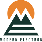Logo for Modern Electron featuring stylized mountain shapes with an orange sun above and the text 'Modern Electron' below.