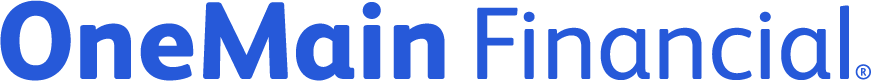Logo of OneMain Financial in blue text on a transparent background.
