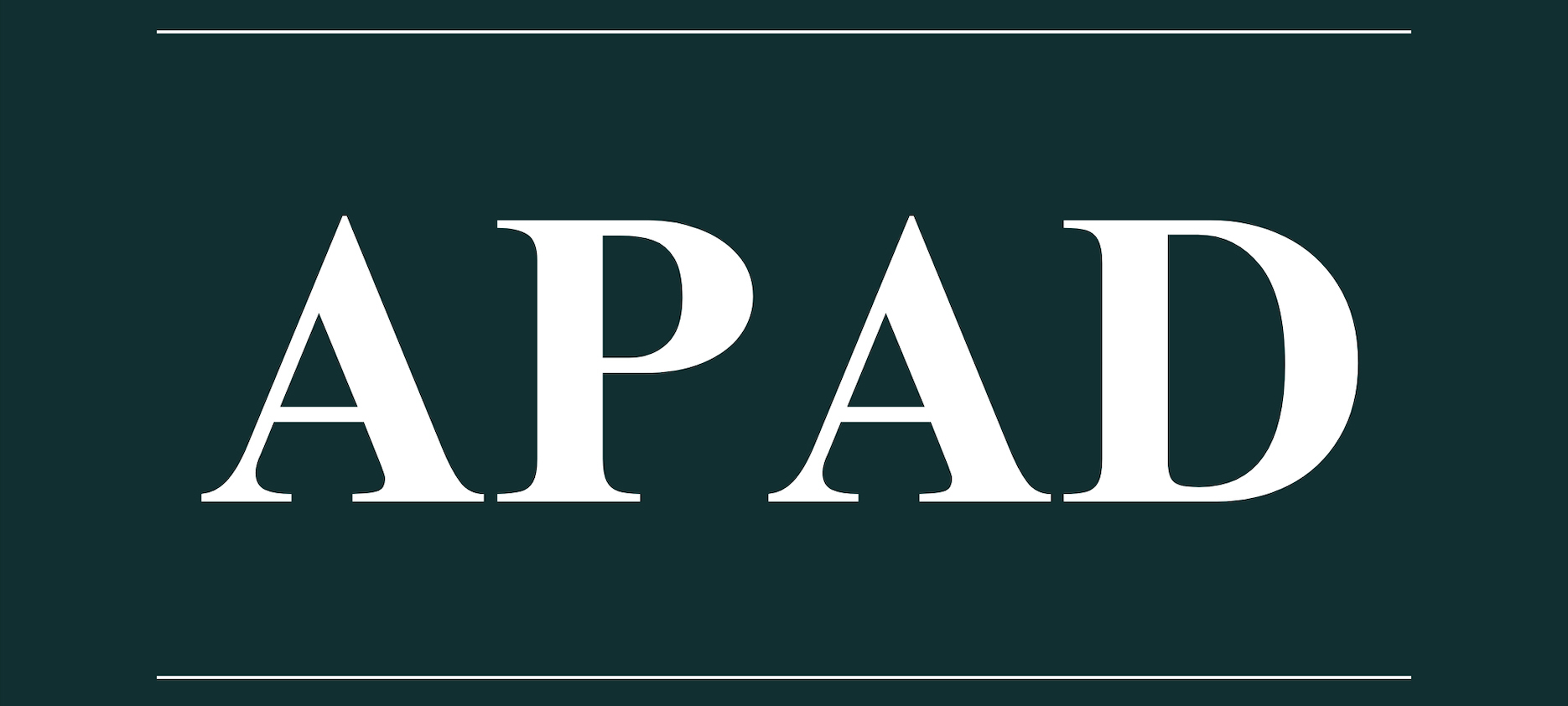 White text "APAD" on a dark green background with thin white lines above and below.