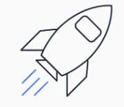 A simple line illustration of a rocket launching, with blue lines indicating thrust or motion beneath the rocket.