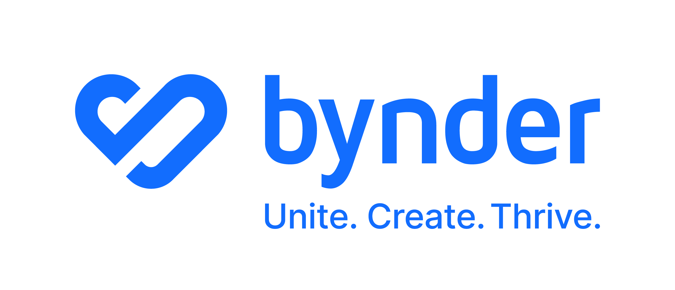 Bynder logo with heart symbol and the text 'Unite. Create. Thrive.' in blue.