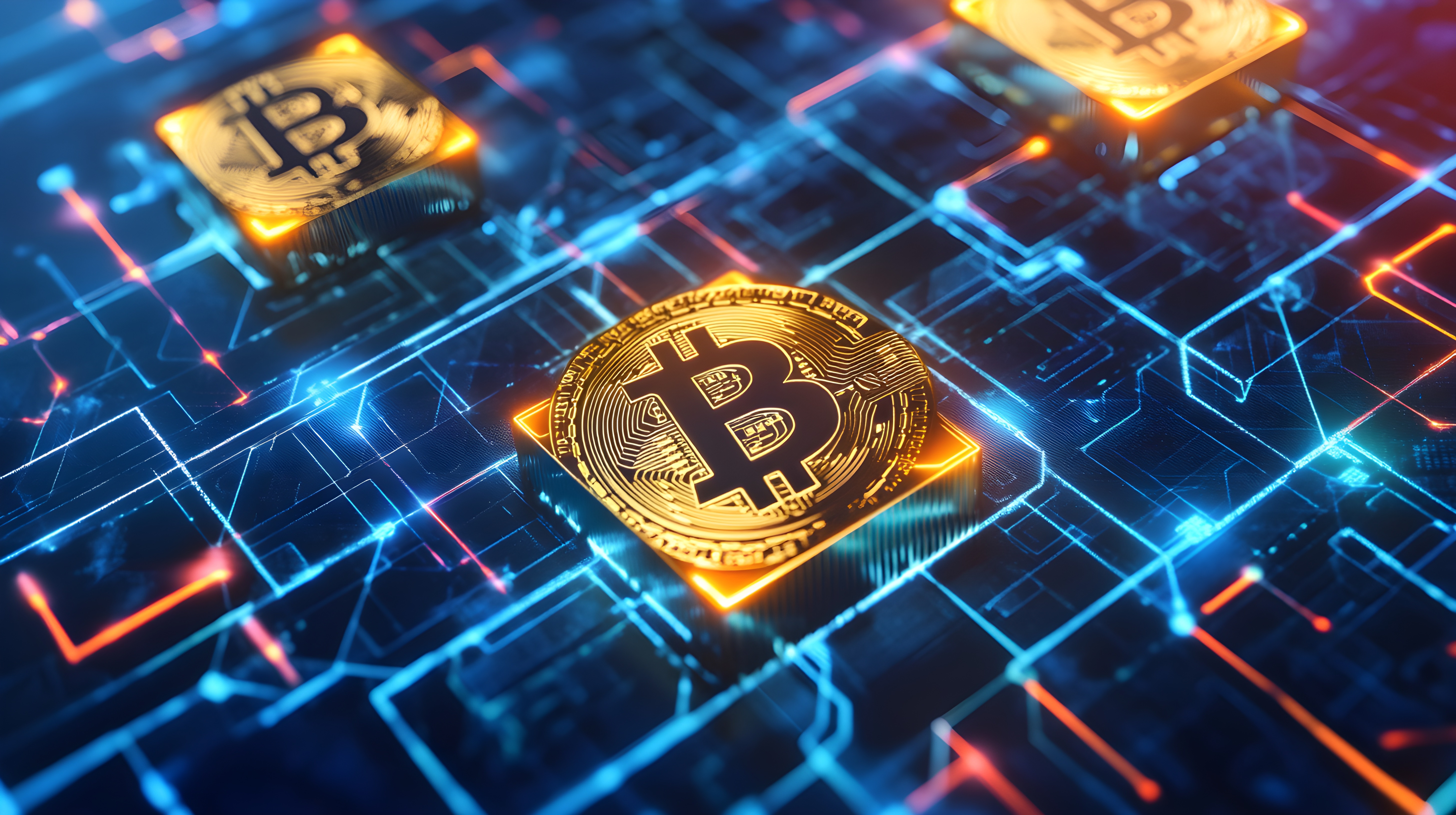 Golden Bitcoin symbols on a glowing blue and orange digital circuit board background.