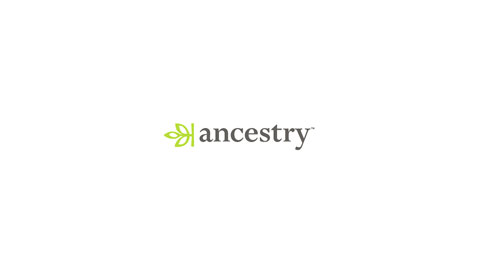 Ancestry company logo with a green leaf graphic and gray text on a white background.