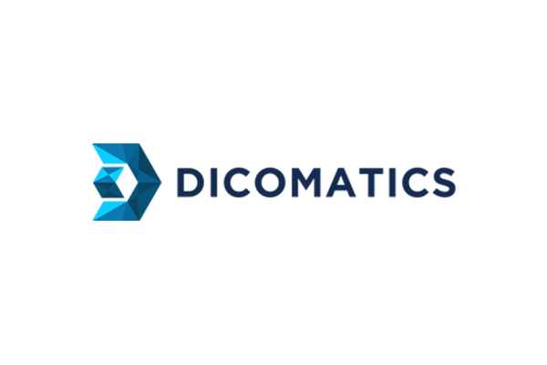 Dicomatics company logo featuring a geometric blue design with the company name.