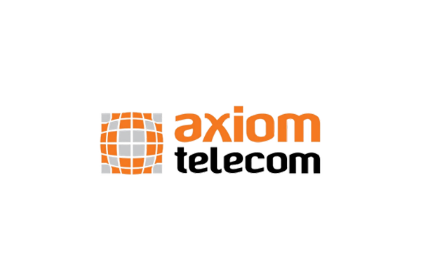 Logo for Axiom Telecom, featuring an abstract orange and grey globe design with the company name in orange and black text.
