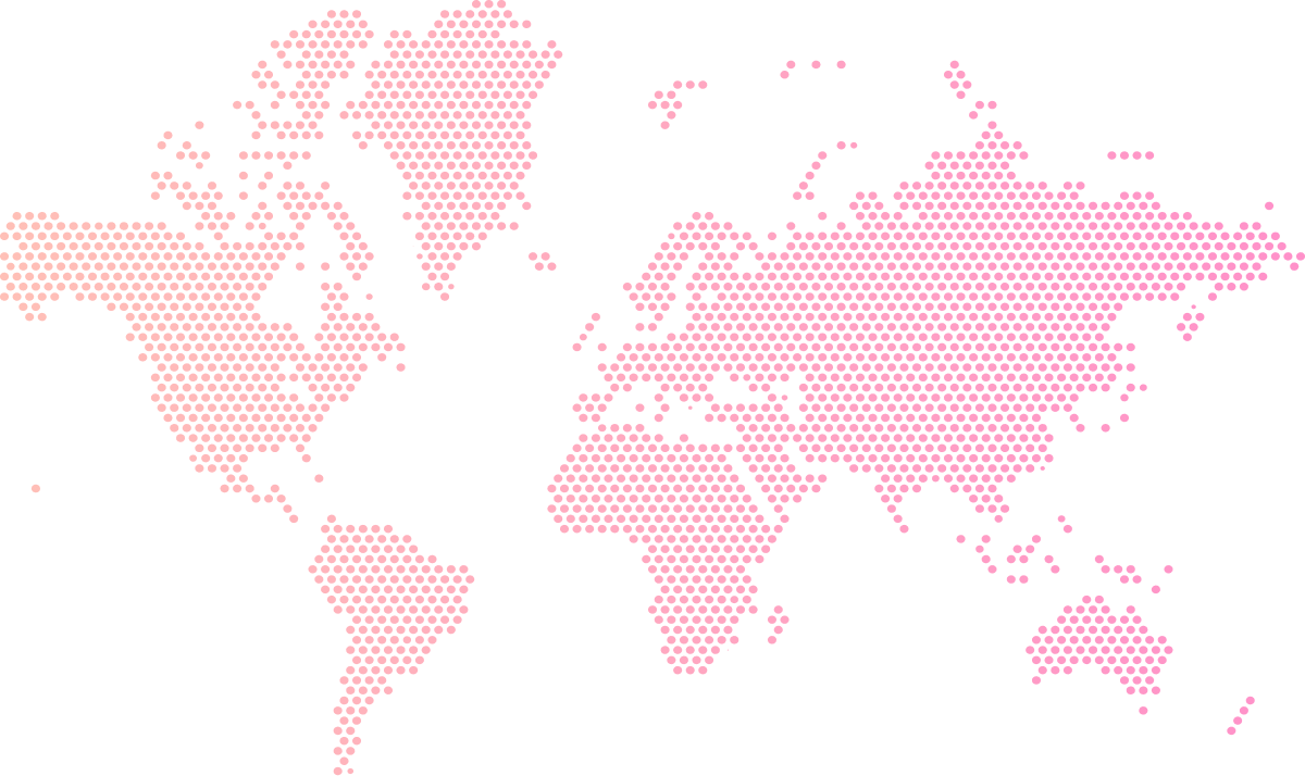 A stylized world map composed of pink hexagonal dots on a black background.