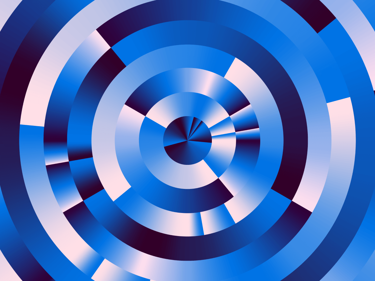 An abstract digital illustration featuring concentric blue circles and geometric segments, creating a dynamic circular pattern with gradient shades of blue and light purple accents.