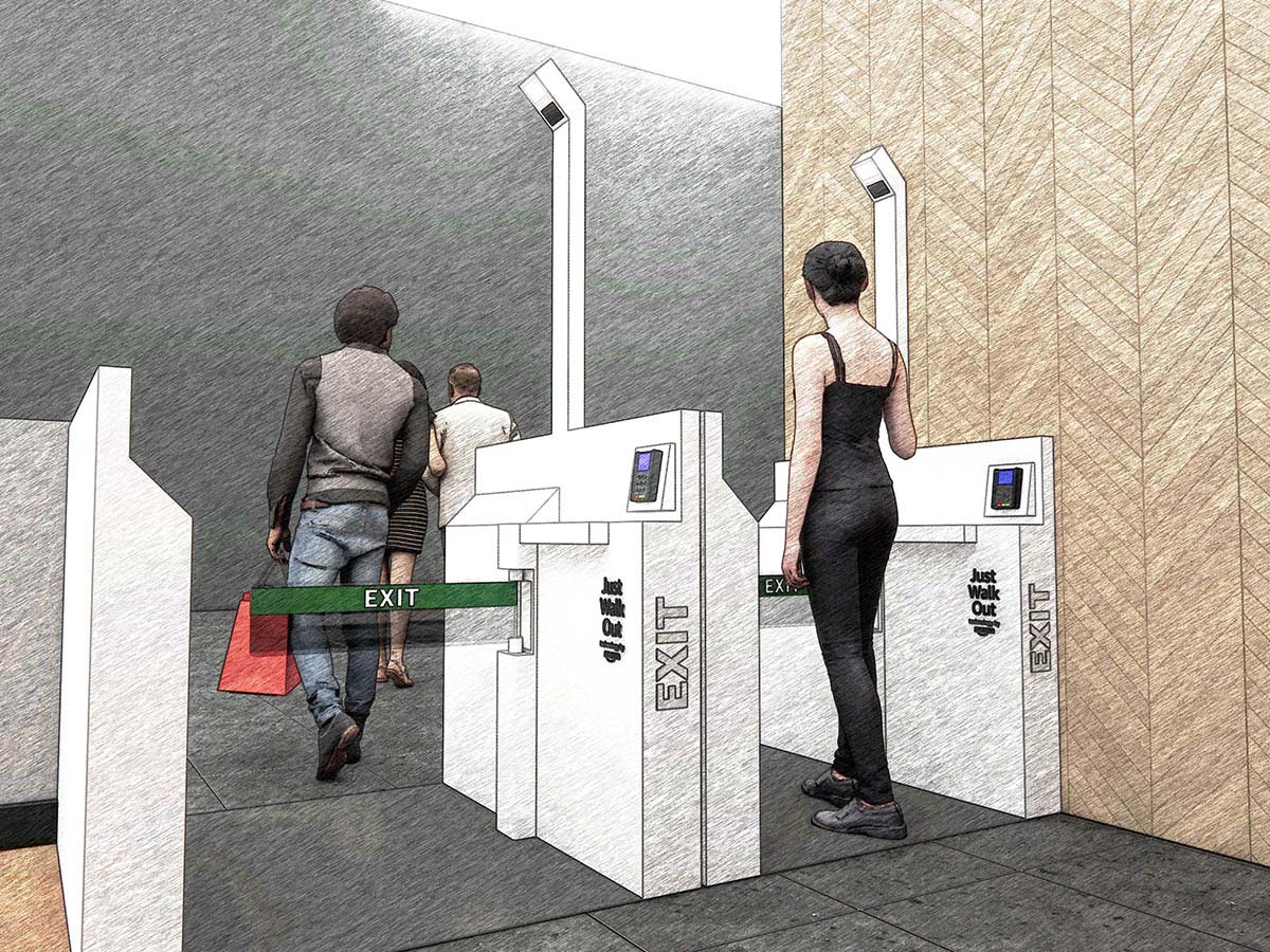 Illustration of people exiting an autonomous merchandise store using Just Walk Out technology, passing through automated exit gates.