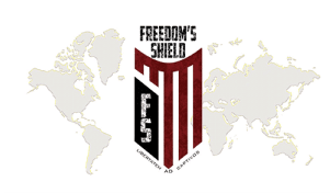 The Freedom's Shield logo, featuring a red and black shield with the text 'Freedom's Shield' and 'FS', is displayed in the center with a light gray world map in the background.