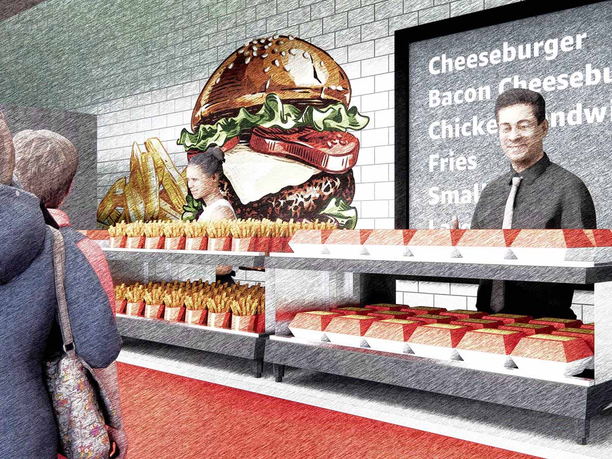 Illustration of a concession stand using Just Walk Out technology, showing people in line, attendants, and food items like burgers and fries, with a menu board in the background.