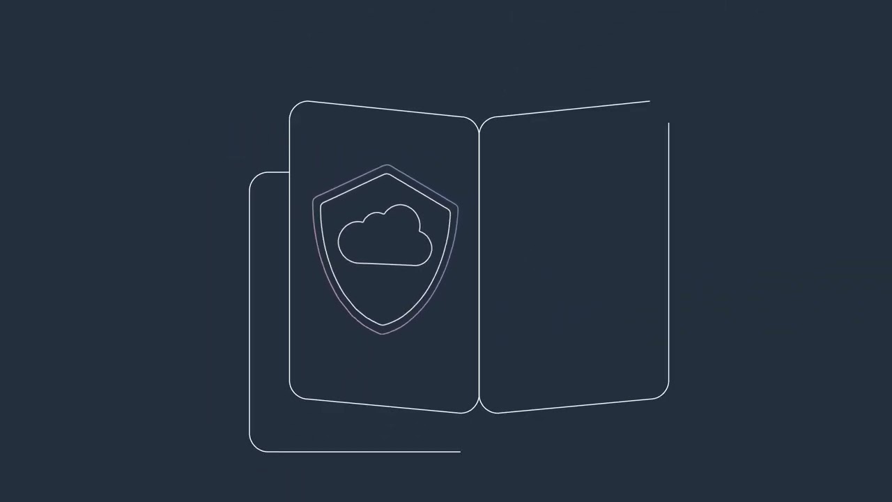 A minimal line illustration of an open folder with a shield containing a cloud symbol, representing cloud security or protection.