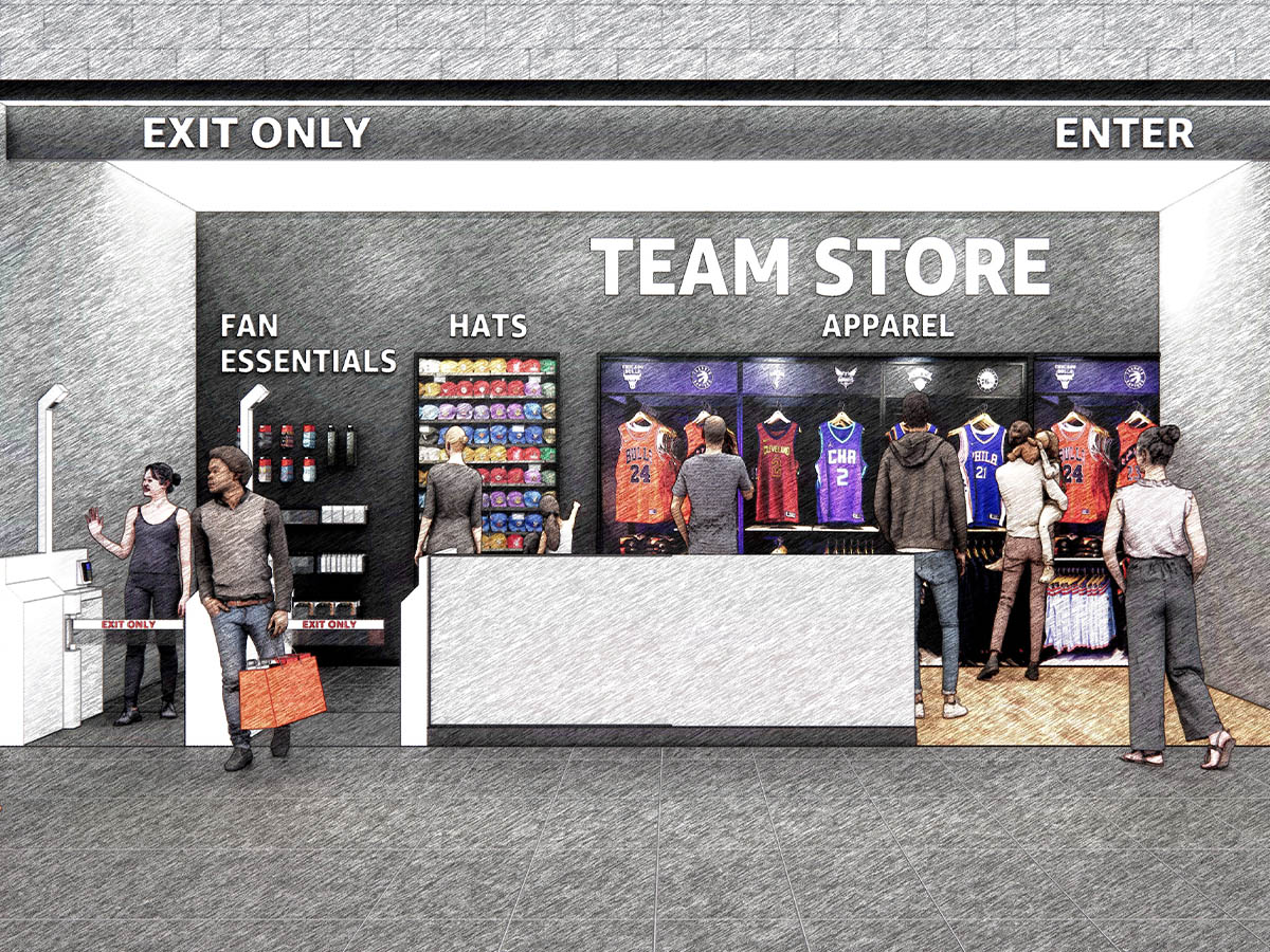 Illustration of a team store featuring apparel, hats, and fan essentials with Just Walk Out technology, depicting customers entering, browsing, and exiting through marked entrances and exits.
